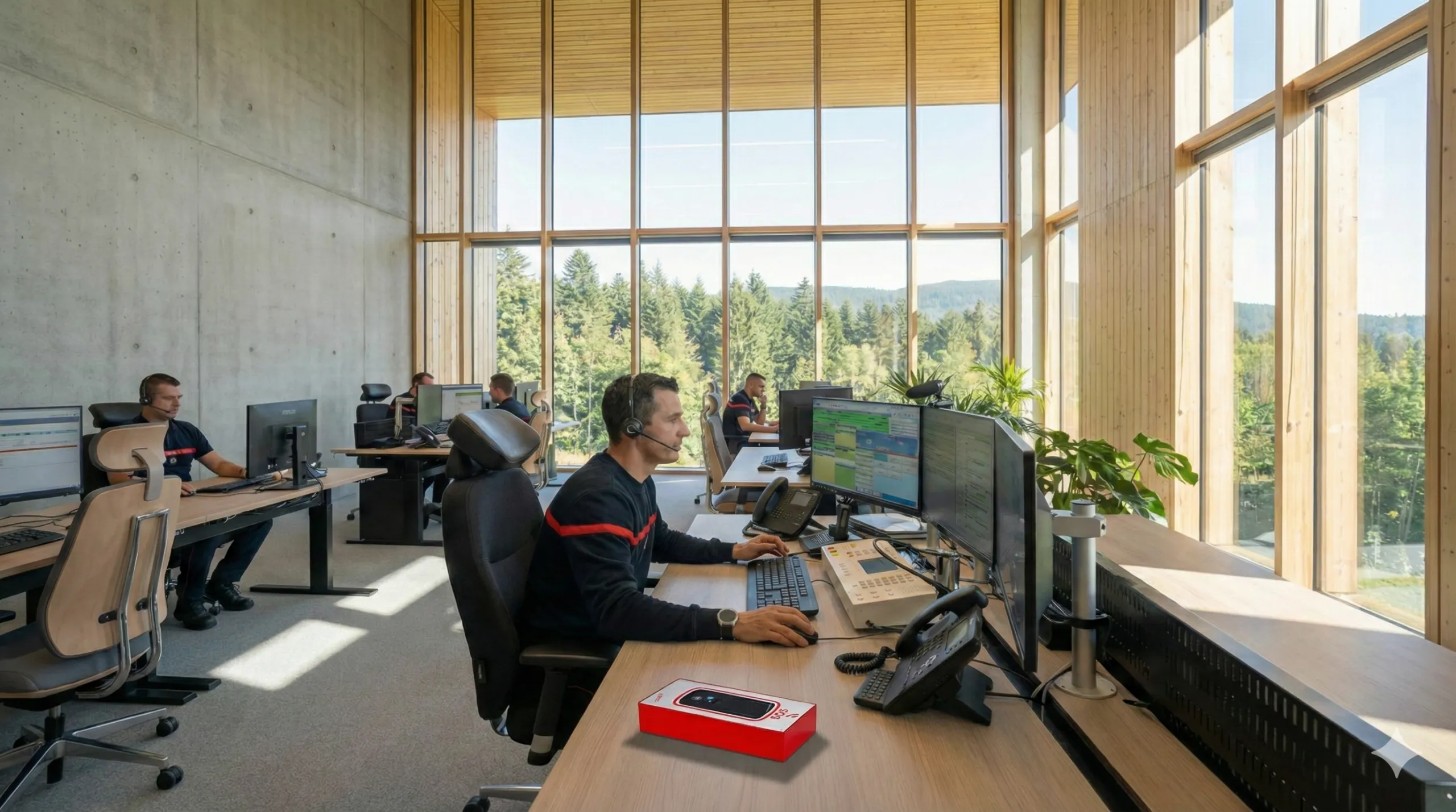 Borne d'appel d'urgence MS 70 de Securiborne installée sur un poste de contrôle de sécurité. Ce dispositif d'interphonie pour ERP inclut une boucle magnétique pour l'accessibilité et une batterie intégrée pour garantir l'alerte en cas de coupure secteur.