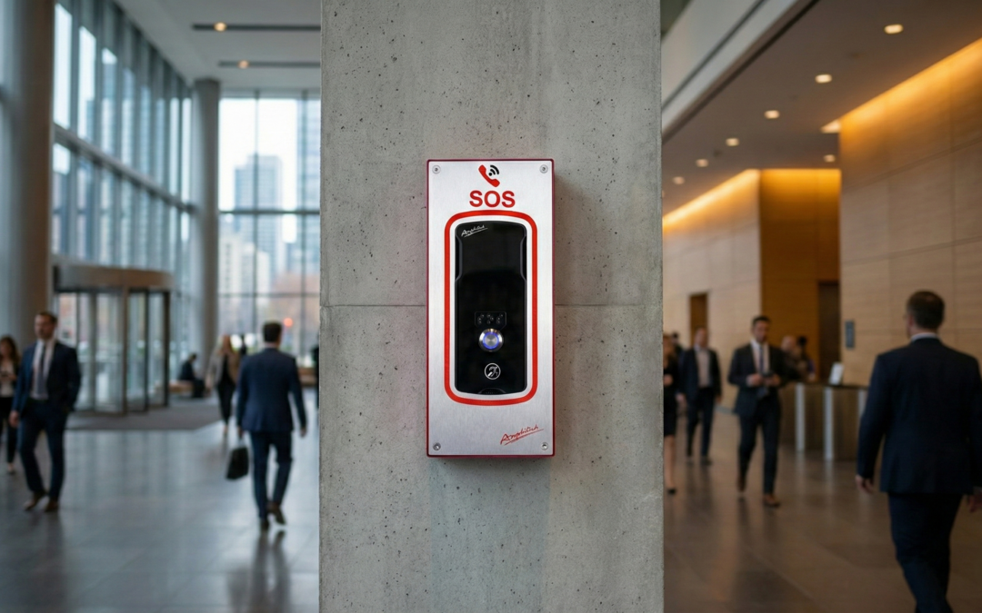 Borne d'appel d'urgence SOS GSM Securiborne en métal brossé, installée sur un pilier en béton dans le hall d'accueil moderne et fréquenté d'un établissement recevant du public (ERP).