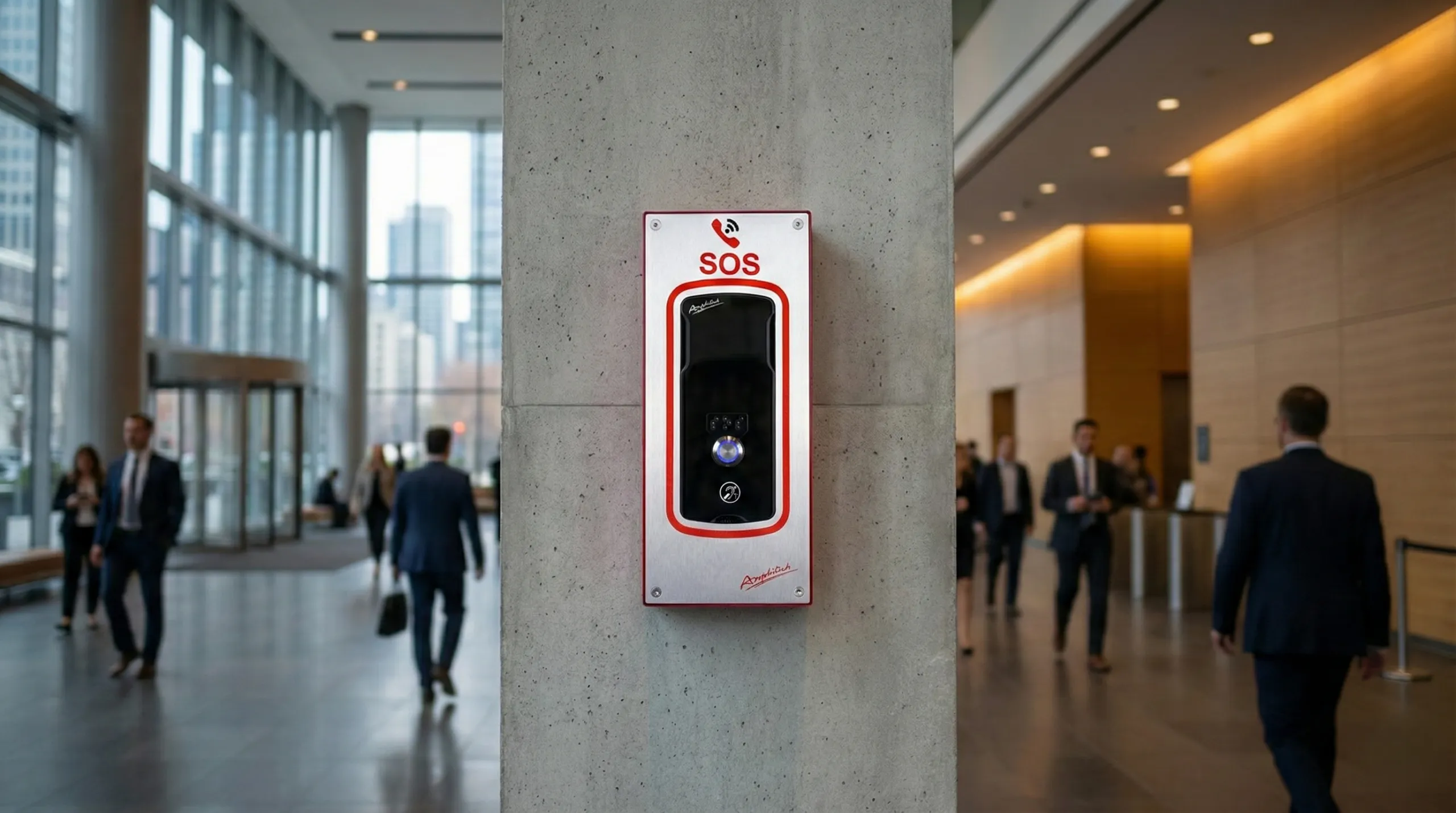 Borne d'appel d'urgence SOS GSM Securiborne en métal brossé, installée sur un pilier en béton dans le hall d'accueil moderne et fréquenté d'un établissement recevant du public (ERP).