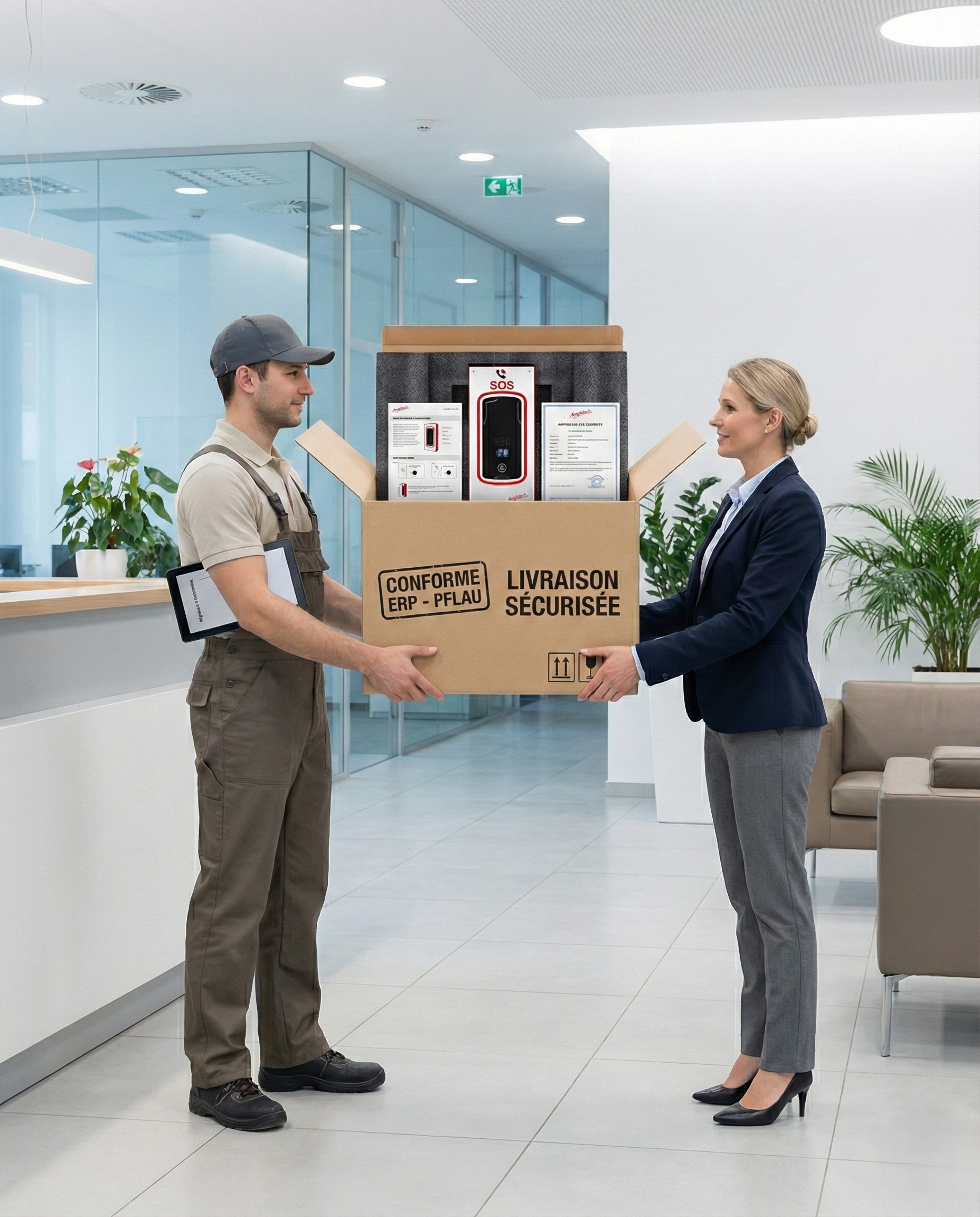 Réception d'une borne de secours MS 70 conforme ERP et PFLAU dans un cadre professionnel, illustrant la livraison sécurisée d'un téléphone d'urgence pour établissement recevant du public.